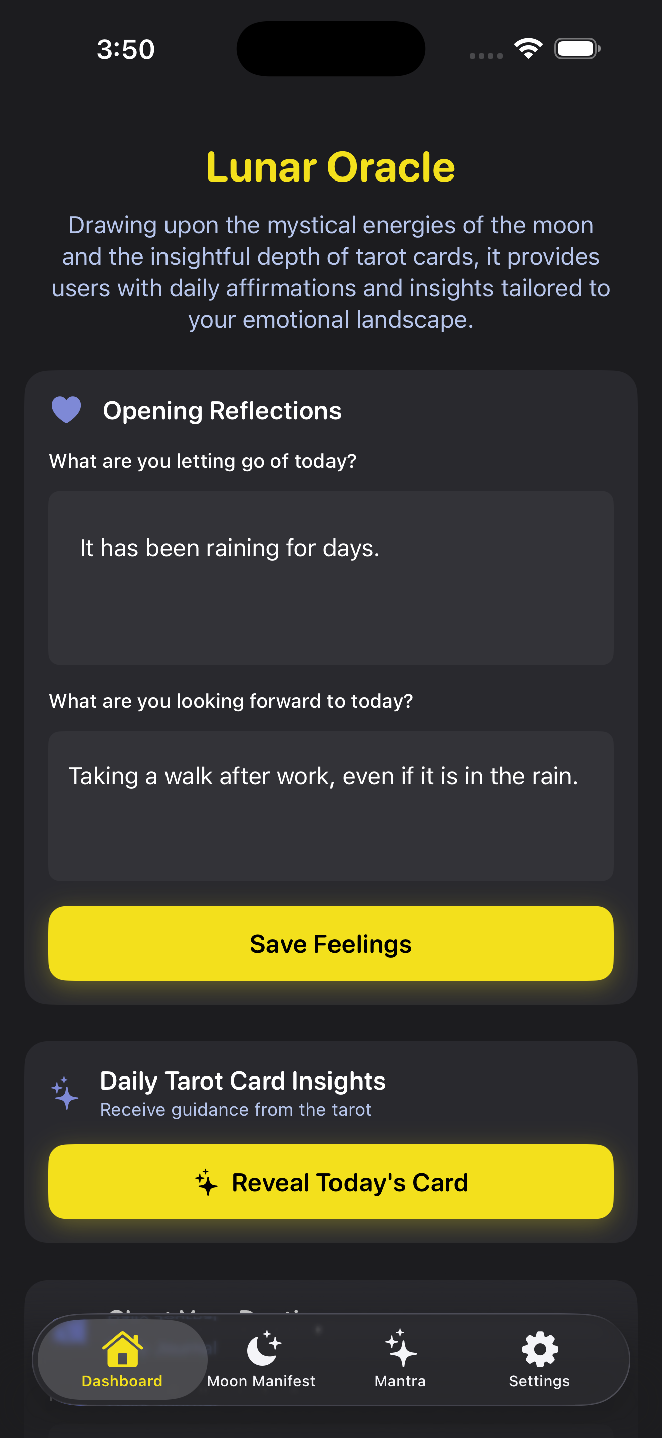 Lunar Oracle dashboard with opening reflections and daily tarot